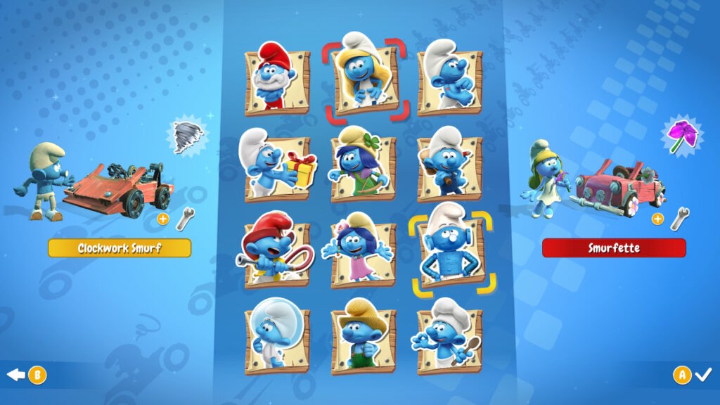 Character roster with twelve playable characters. The cursors are hovering over smurfette and clockwork smurf