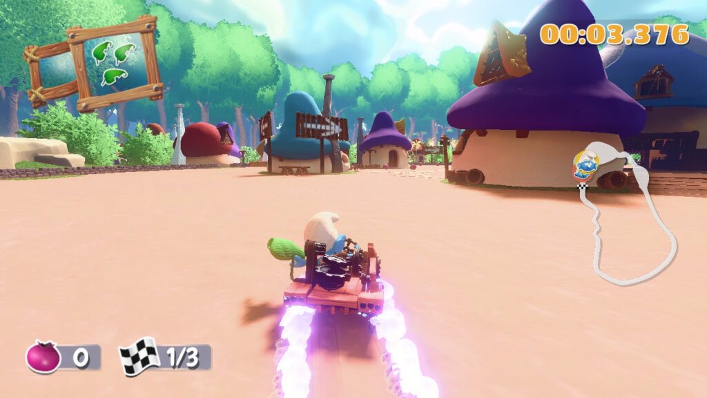 Hefty smurf moving through a mushroom village with flames following behind him from his drift