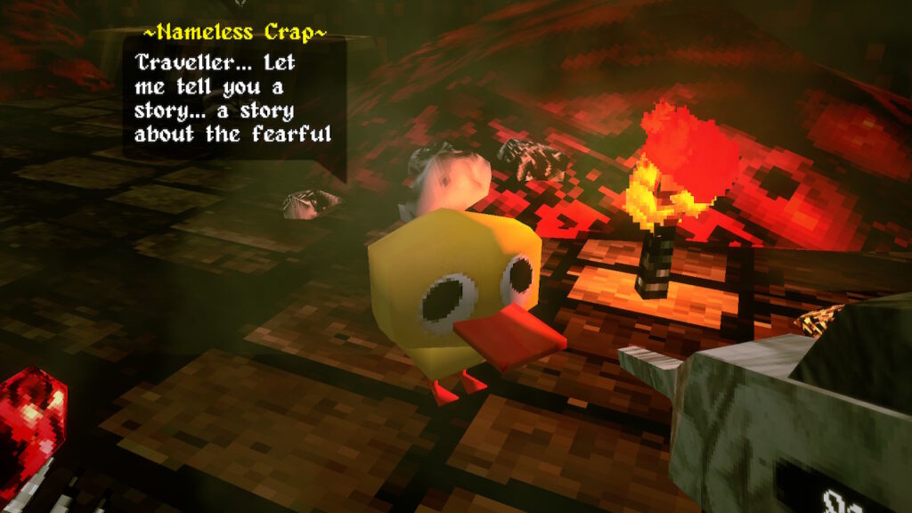 character looking at a duck that want to tell a story
