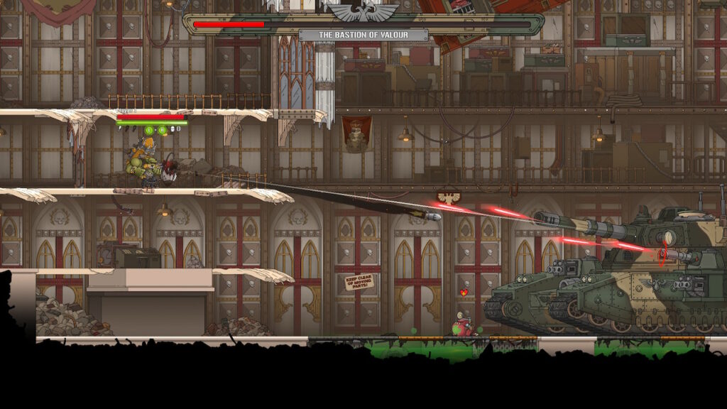 orc shooting a rocket launcher at a massive tank
