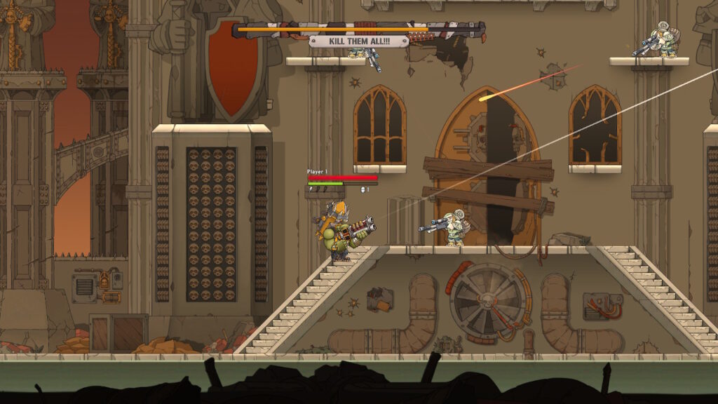 orc with rocket on his back is shooting and getting shot at by other orcs