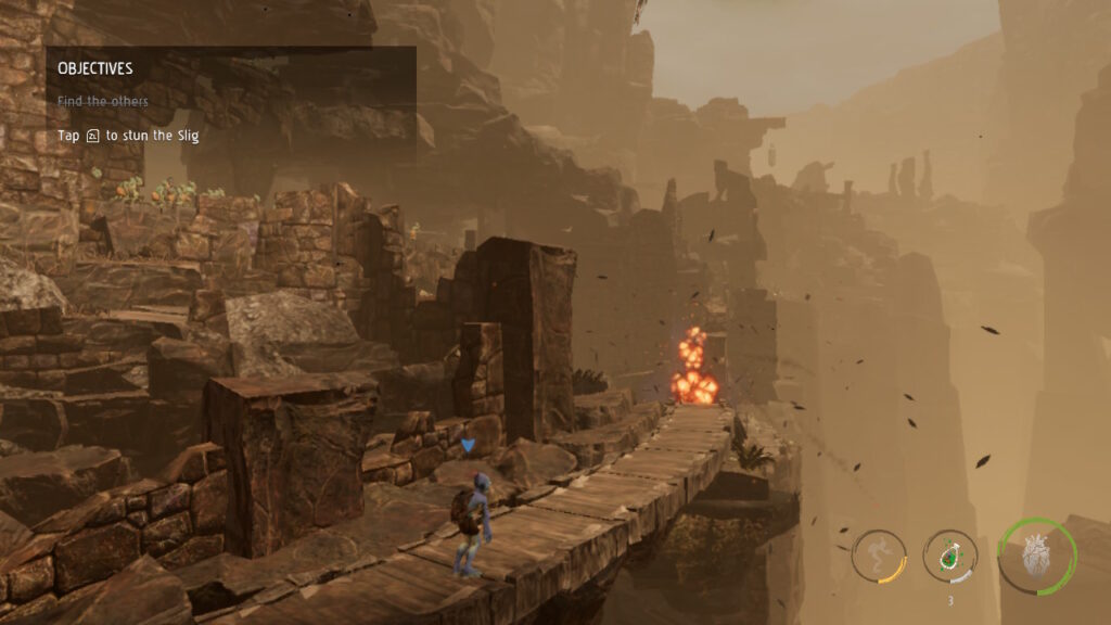 Abe ambles towards the exit as explosions can be seen in the distance.