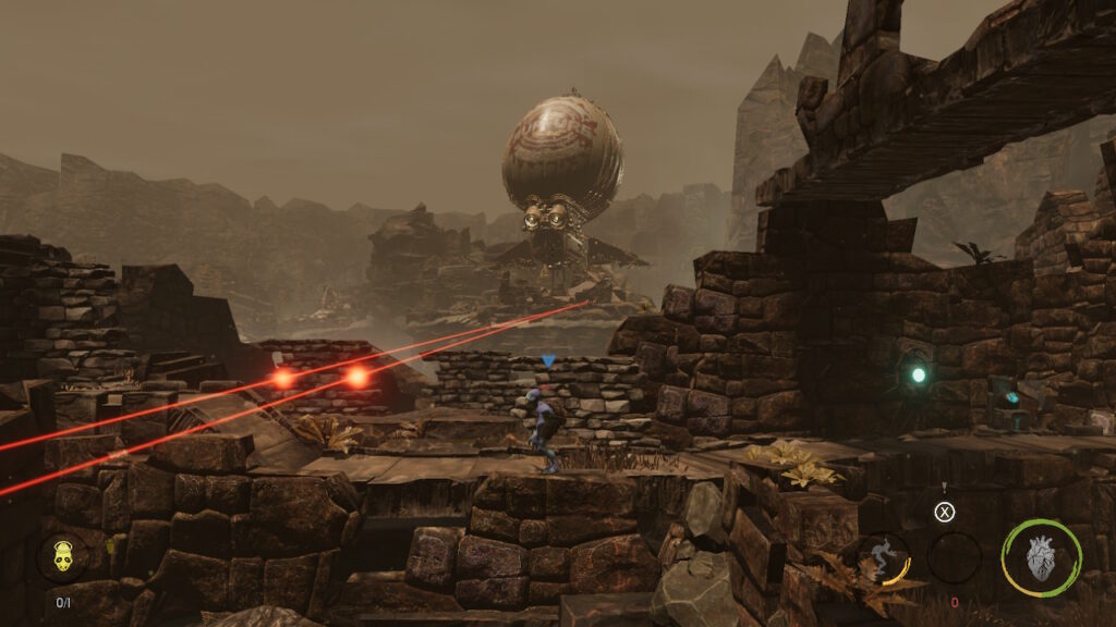 Lazers search for Abe as he hides behind a wall out of sight.