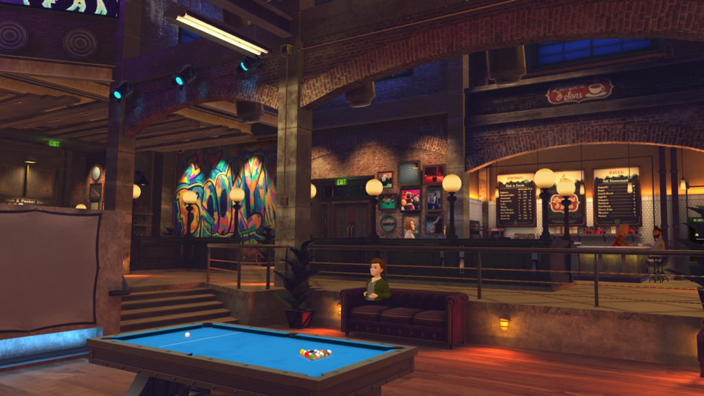 A pool hall with graffiti on the wall, and a bar.