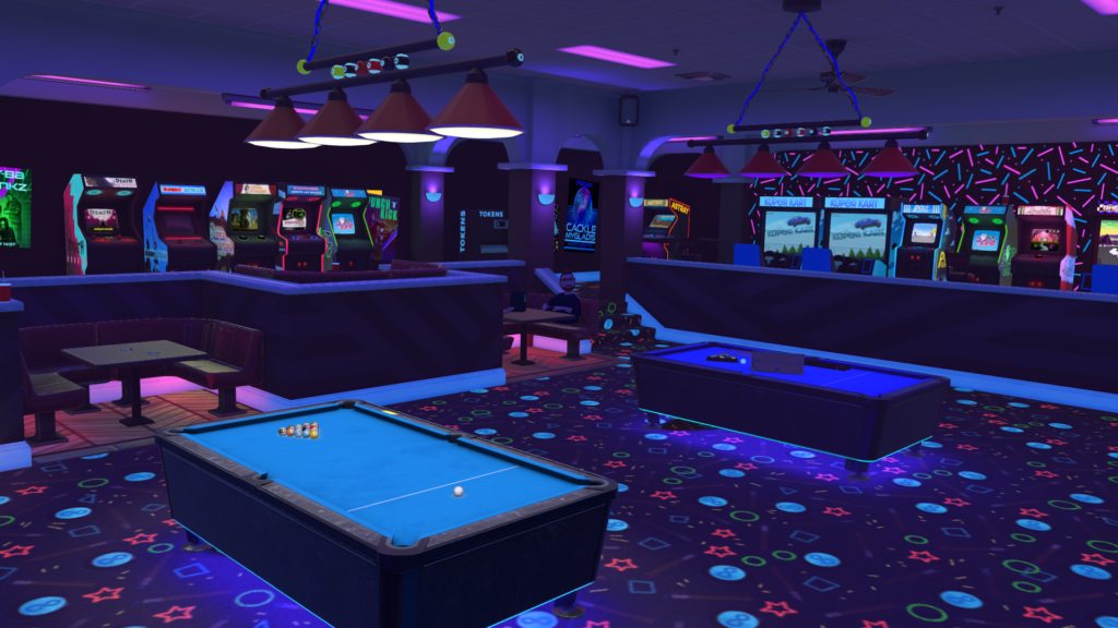 A Seattle arcade pool hall with 90s decor.