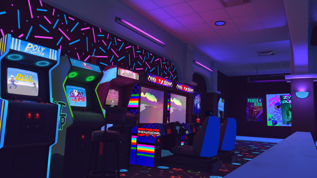 Arcade machines lined up against a wall of an arcade.