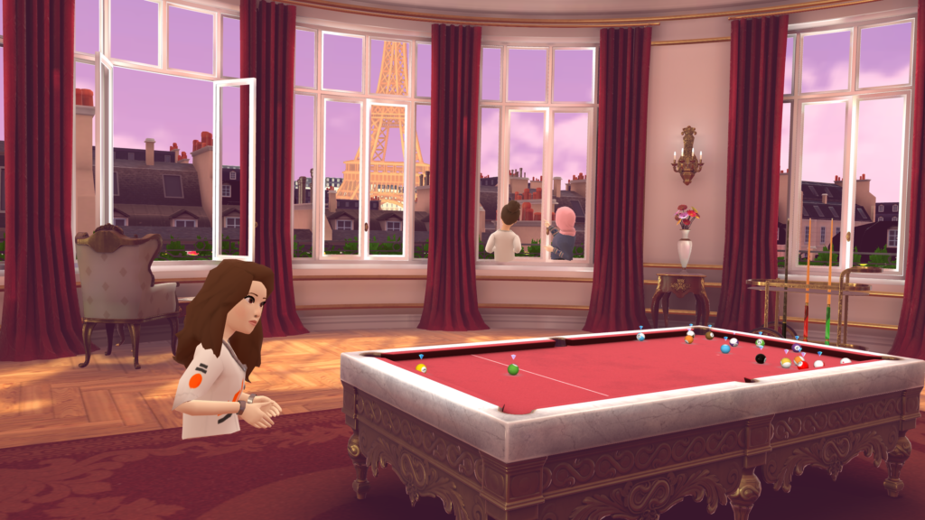 A pool room with a view of the Eiffel Tower outside the windows.