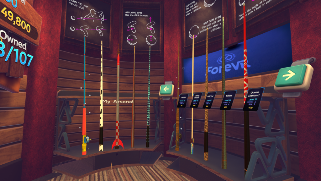 The selection of cues to choose from in ForeVR Pool