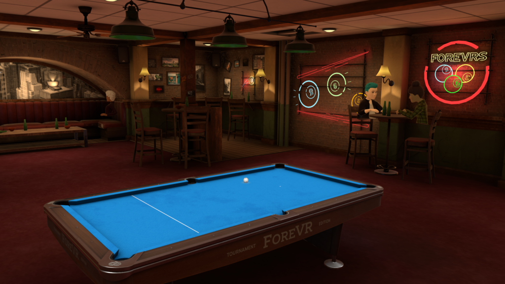 A blue pool table in a bar with neon lights on the wall.