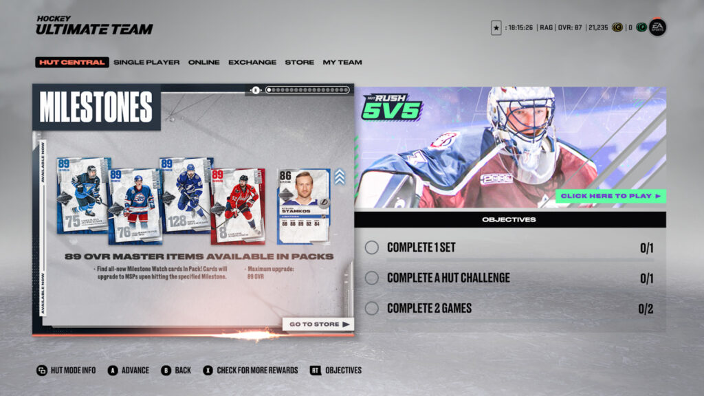 HUT menu screen