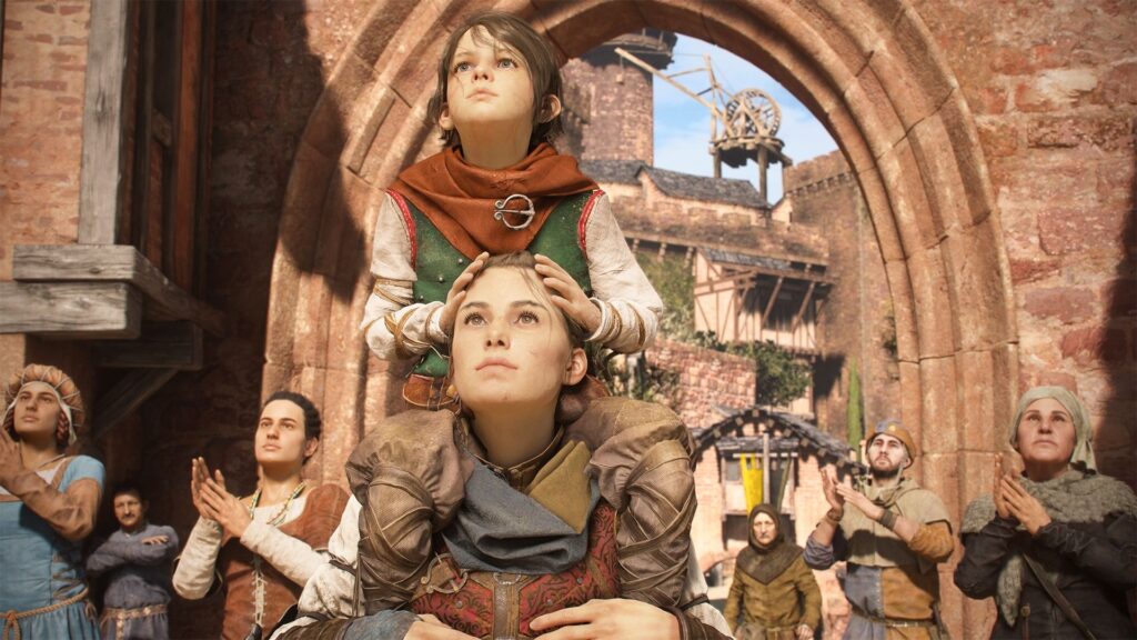 Hugo on Amicia's shoulders looking on