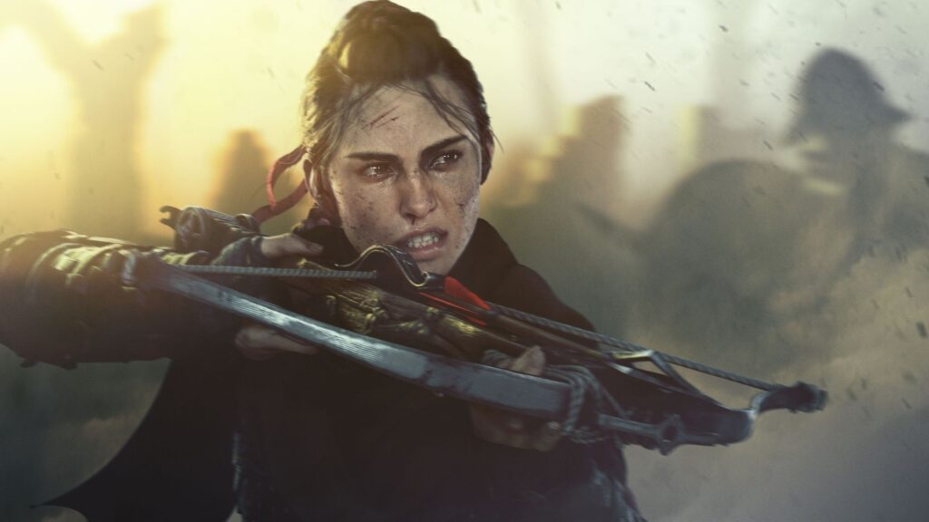 Amicia firing off a crossbow