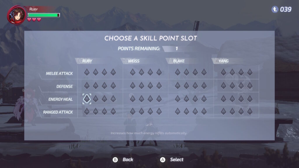 Skill upgrade screen