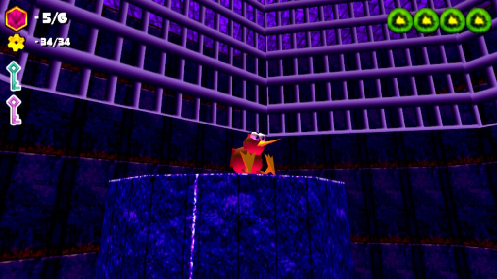 Kiwi sits on a raised platform inside a cage