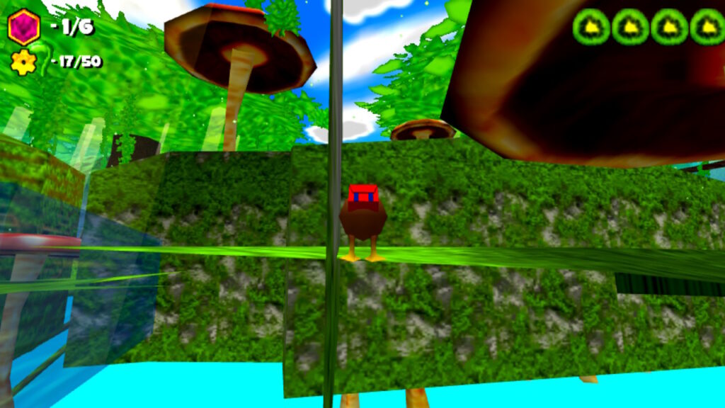 Kiwi viewed from a low angle and under some mushrooms