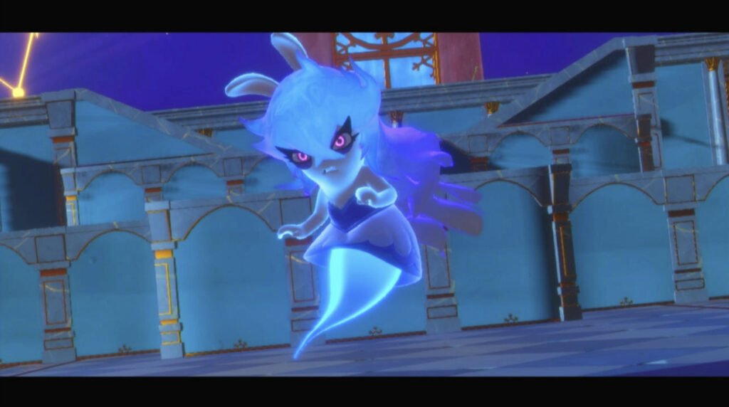 A blue ghostlike character hovers in the air in front of a building