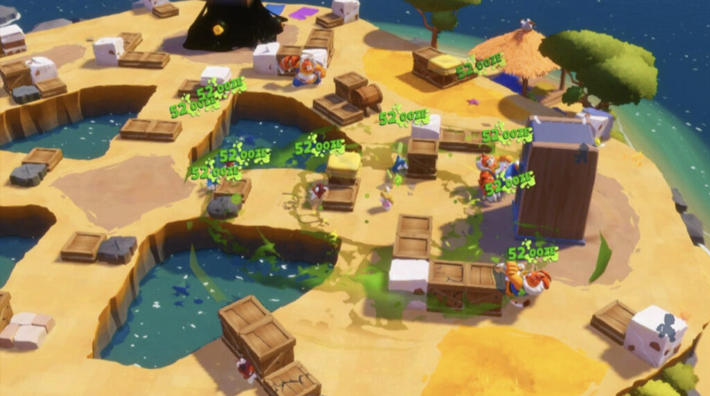 Slime oozes out of crates with '52 ooze' written next to them on a level with water dissecting land