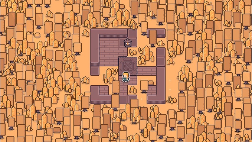 My character stands in wooden ruins, surrounded by orange trees and grass.