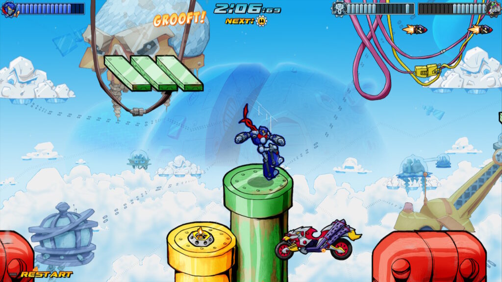 Character walking on a green pipe. timer above him reads 2:06