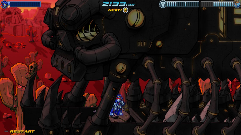 robot standing next to a metal cave made out of a skeleton head