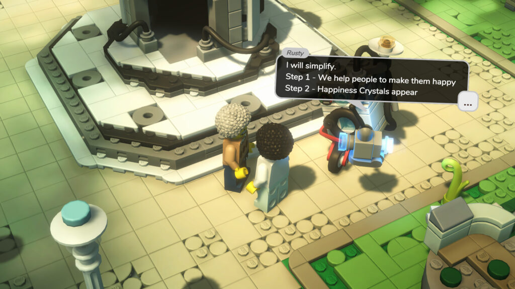 A robot called Rusty says the text : “Step 1 - We help people to make them happy. Step 2 - Happiness Crystals appear. Step 3 - We fix the theme park”.