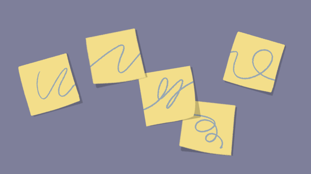 A selection of 5 post stick notes can be seen with a line drawn in unison across all of them. They must be matched up so the line flows correctly from one note to the next.