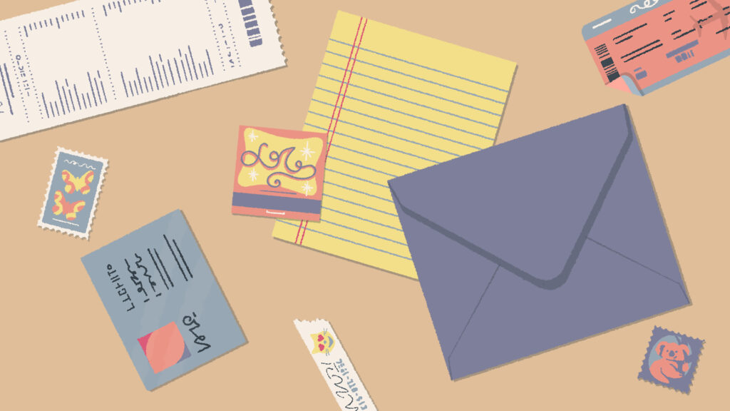 envelopes and notes can be seen thrown across the table