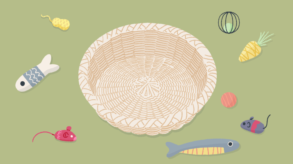 A cat basket can be seen with cat toys scattered around it. The aim is to neatly put the toys away, but watch out, the cat might be lurking.