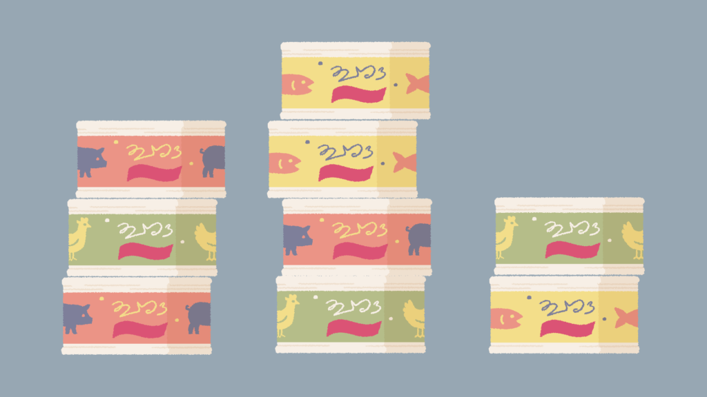 We can see a few tins of pet food, slightly off mark, that need piling into the right order.