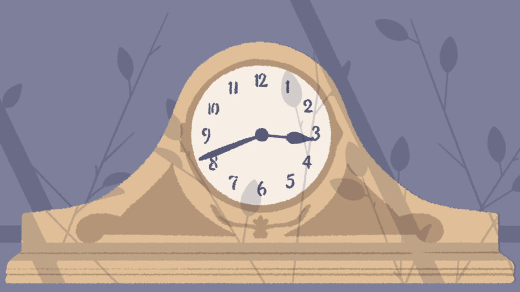 A fireplace seated clock, with a fascinating shadow pattern seen all around.