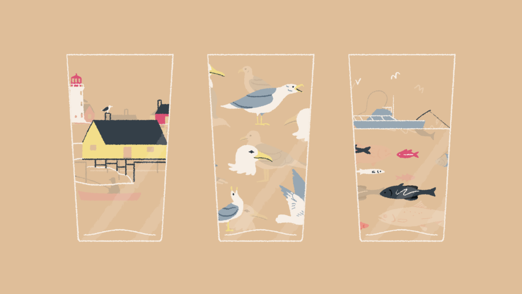 Seaside themed glasses, covered with delicate pictures of seagulls, boats and a harbour are the next challenge in this alignment game.