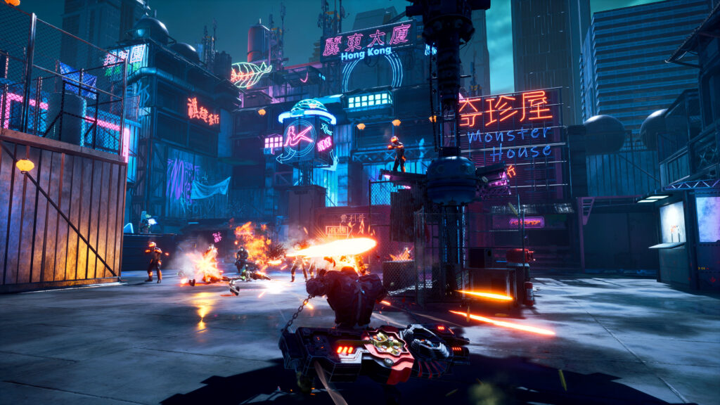 Gungrave G.O.R.E Review - Grave taking on enemies within a neon lit city