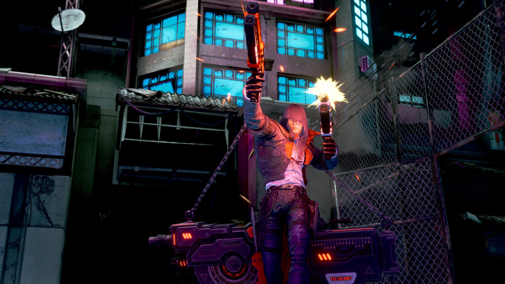 Gungrave G.O.R.E Review - Face on view of Grave shooting hid pistols.