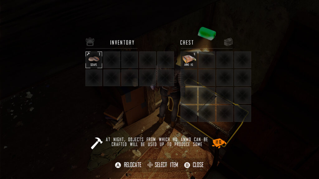Elise's inventory is on screen showing she has scraps on her and high quality ammo stored in her chest