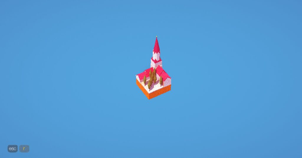 A church with red roofing on a small piece of land with a blue background.