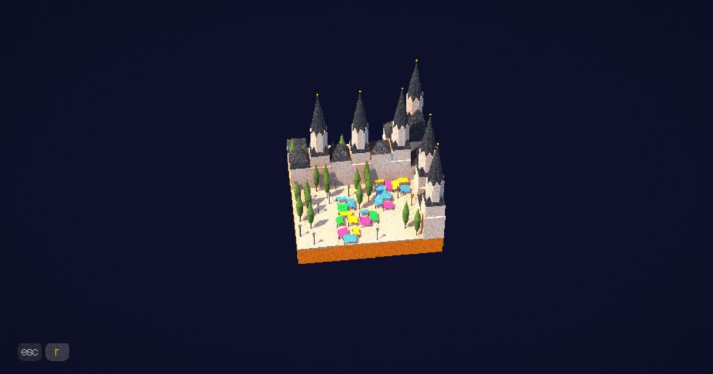 Steeples and buildings with black rooves, with stalls, trees and lamp posts on a black background.