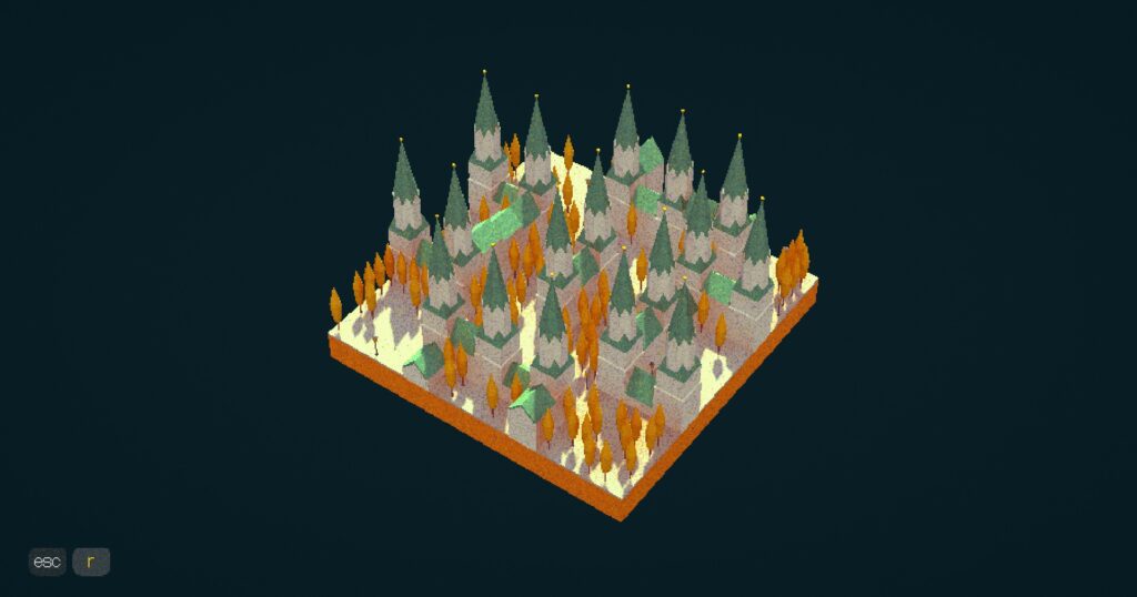 Steeples and buildings with green roofing surrounded by orange trees, with a black background.