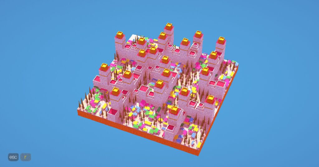 Red and yellow topped towers surrounded by trees and stalls, on a blue background.