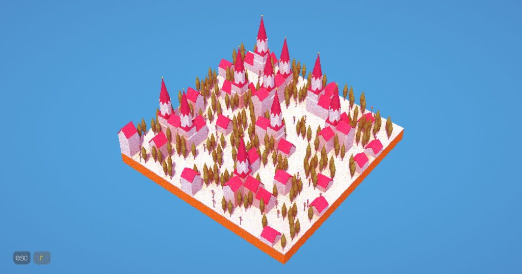 Red roofed steeples and buildings surrounded by trees and lamp posts, on a blue background.