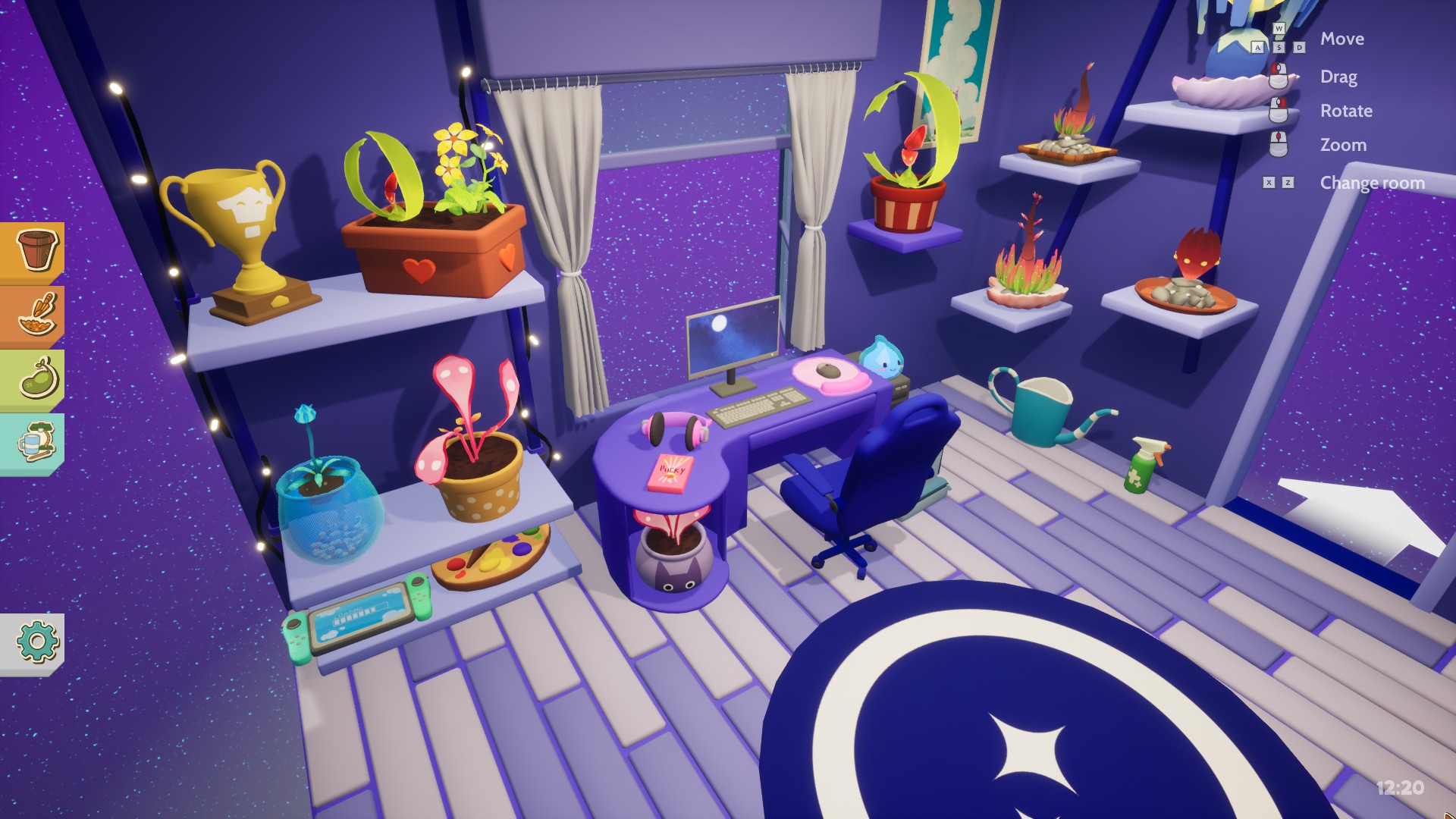 A purple themed office space with a PC set up and shelves of plants.