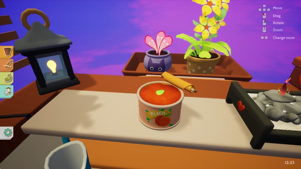 A green seed sits in a clay filled can of peaches, placed on a shelf surrounded with a lantern and other plants.