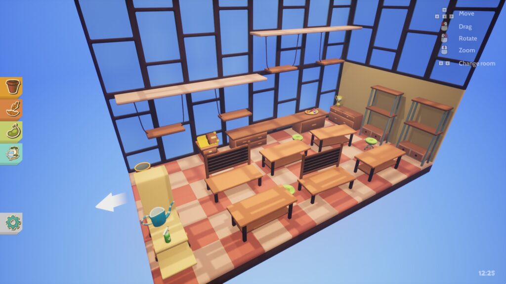 An empty greenhouse filled with tables and shelves, on a blue background.