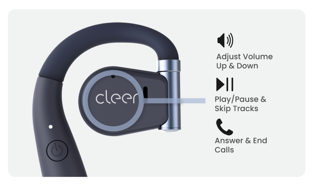 An extreme close-up of one Cleer ARC earbud with icons next to it, indicating volume adjustability, the ability to play, pause and skip tracks, and answer and end calls through the touch controls.