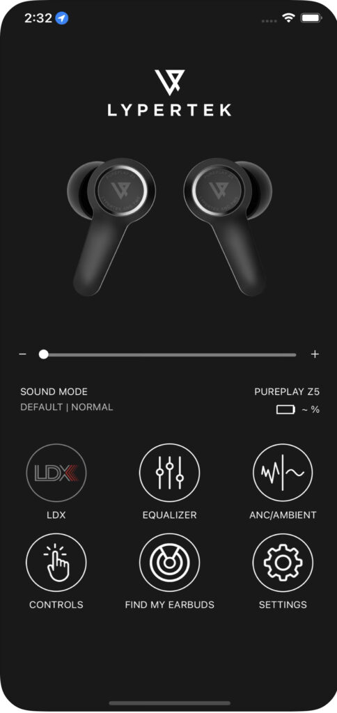 Lypertek Pureplay Z5 - Screenshot of the PurePlay Z5 companion app