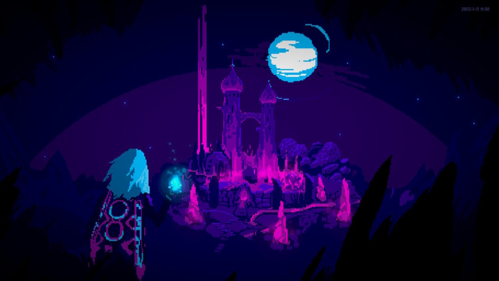 A castle or ruin in the distance with a moon above and a character in the foreground