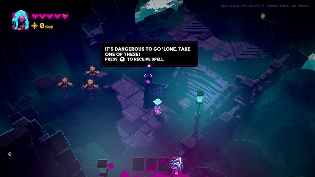 Inside some ruins a character has this text above them: 'it's dangerous to go 'lone. Take one of these! Press B to receive spell.'