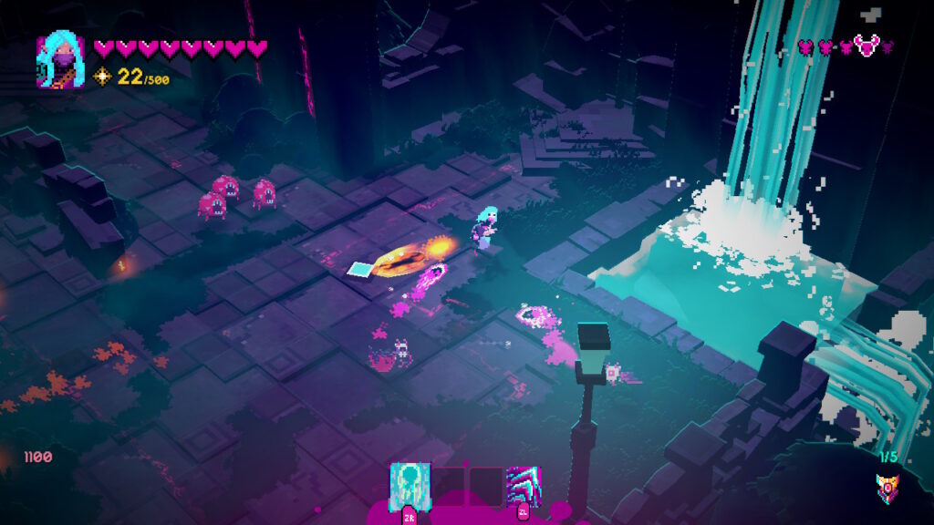 Ruins with a waterfall in the background and enemies attacking a character