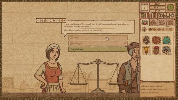Two characters have a conversation with a set of scales on the screen between them