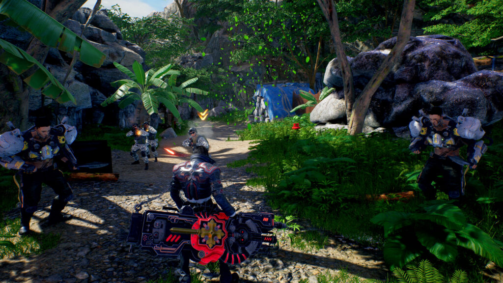 Gungrave G.O.R.E Review - Grave in jungle setting with enemies about to attack