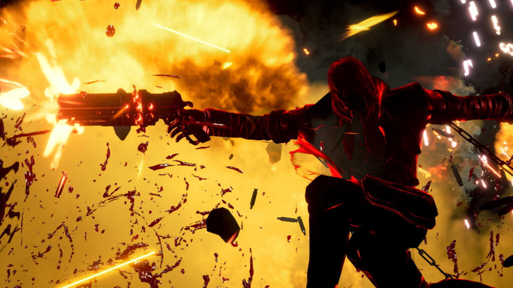 Gungrave G.O.R.E Review - close up view of Grave shooting his pistols as bullets, blood, and flames erupt around him